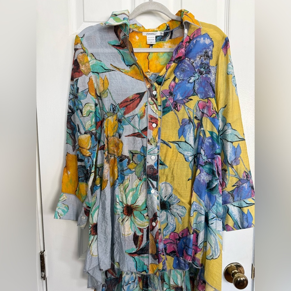 Feratelli High Low Floral Button-Down Shirt Blouse M